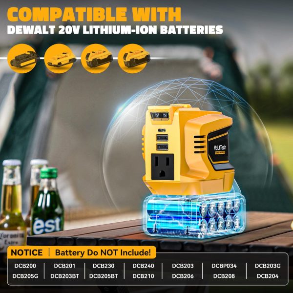 200W Power Inverter for Dewalt 20V Battery, VoLtTech Battery Inverter 20V to 110V-120V, Portable Power Station USB Charger Adapter Power Adapter with 2 USB Ports & 1 Type-C & 1 AC Outlet (No Battery)