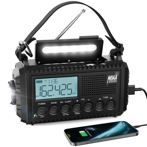 Weather Radio Raynic Solar Hand Crank Emergency Radio 5 Ways Powered AM/FM/SW/NOAA Weather Alert Portable Radio with Flashlight, Reading Lamp (Black-LCD Display)