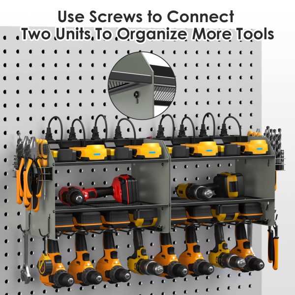 CCCEI Modular Power Tool Organizer Wall Mount with Charging Station. Garage 4 Drill Storage Shelf with Hooks, Drill Bit Heavy Duty Rack, Grey Tool Battery Holder Built in 8 Outlet Power Strip.