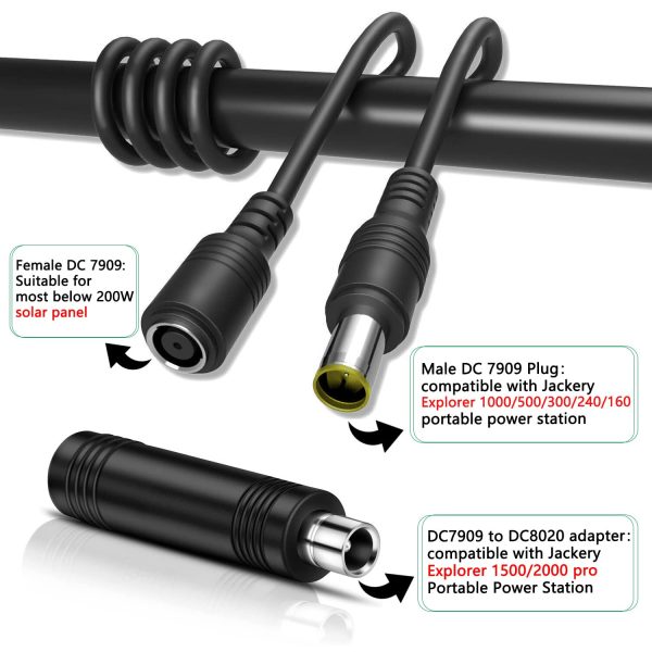 20Ft 14AWG Extension Cable,DC8mm extension cable with DC7909 to DC8020 adapter connectors, fit for most below 200W solar panel and Jackery Explorer 1000/500/300/240/1500/2000 portable power station