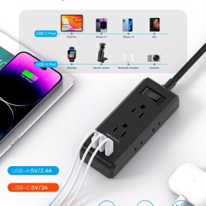 Cruise Essentials, Flat Plug Power Strip, 5ft Ultra Flat Extension Cord - 6 Outlets 3 USB Ports (2 USB C) Desktop Charging Station, No Surge Protection for Travel, Dorm Room Essentials, Black