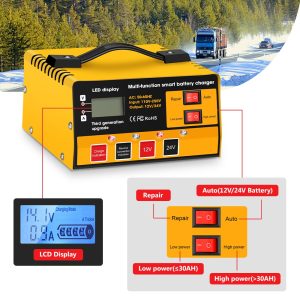 Car Battery Charger, Outerman 12V 24V Lead-Acid Battery Charger LCD Display Automatic Smart Battery Maintainer with Pulse Repair for Motorbike, Car, Boat, Lawn Mower (Orange Yellow)