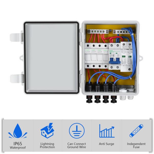 ECO-WORTHY 4 String PV Combiner Box with 10A Rated Current Fuse and Six 15A Replacement Fuses, Lightning Arreste and Circuit Breakers for On/Off Grid Solar Panel System