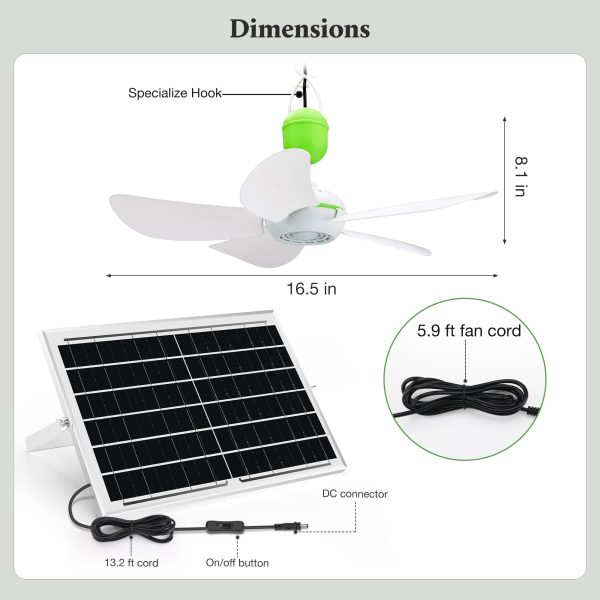 blessny Solar Powered Ceiling Fan for Outdoor, 15W Monocrystalline Solar Panel Small Hanging Fan Kit with Specialize Hook for Chicken Coop, Greenhouse, Shed, Gazebo