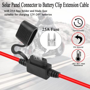 QIANRENON Solar Panel Connector Cable 12AWG Solar Panel Connector to Battery Clip Extension Cable Alligator Clip to Male & Female Solar Connectors Cable with 25A Fuse 1.5m/4.9ft