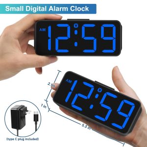 Peakeep Small Digital Alarm Clock for Bedrooms Bedside - Plug in Electric Clock Large Big Numbers Display with Battery Backup for Desk Table, 6 Dimmers, 5 Adjustable Alarm Volumes(Blue)