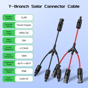 Bateria Power Solar Connectors 30A Y-Branch Cable, Solar Cable Parallel Adaptor Solar Panel Wire Connectors in Pair for Solar Panel (1*M/FFF+1*F/MMM) （Black and Red)