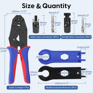 60PCS Solar Crimping Tool Kit -14 Pairs Solar Connectors(Contains 14 Pairs Copper Needles) 2PCS Spanner Wrench 1PCS Solar Crimper Tool for Solar Panel Cable Assembly and Installation with Storage Bag