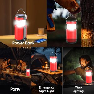 Battery Operated Camping Light Rechargeable, Manual Crank Generator/Solar Panel/USB-C Charging, 5000mAh Power Bank Foldable LED Tent Light, Power Outage, Outdoor Emergency Survival Essentials (Red)