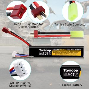 Tosiicop 11.1V Airsoft Battery 1400mAh - Lipo Batteries 30C Deans & XH-4P Connector with T Plug to Mini Tamiya Conversion Cable Rechargeable USB Charger for Airsoft Model Rifle Gel Blaster Accessories