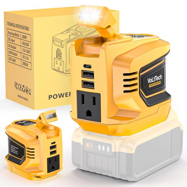 200W Power Inverter for Dewalt 20V Battery, VoLtTech Battery Inverter 20V to 110V-120V, Portable Power Station USB Charger Adapter Power Adapter with 2 USB Ports & 1 Type-C & 1 AC Outlet (No Battery)