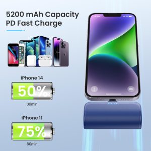 Mini Portable Charger Power Bank for iPhone,5200mAh Portable Phone Charger, Ultra-Compact PD Fast Charging Battery Pack Compatible with iPhone 14/14 Plus/Pro Max/13/12/12 Mini/11/XS/XR/X/8/7/6/6s