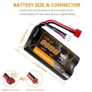 VICMILE 7.4V Li-ion Battery 3300mAh High Capacity RC Battery with Deans T Plug 2S Rechargeable Battery with 1 to 2 USB Charger Fit for WLtoys 4WD High Speed RC Cars Most 1/10, 1/12, 1/16 Scale Trucks