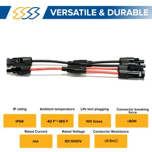 Solar Super Sonic Pack of 2 Solar Y Branch Connectors - IP68 Waterproof Solar Panel Cable Connectors - Solar Branch Connector for Parallel Connection, Inspected & Kitted in The US, M/F (12 Awg Wire)