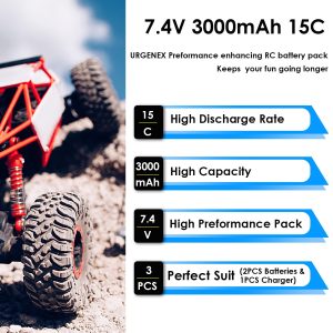 URGENEX 3000mAh 7.4 V Li-ion Battery with Deans T Plug 2S Rechargeable RC Battery Fit for WLtoys 4WD High Speed RC Cars and Most 1/10, 1/12, 1/16 Scale RC Cars Trucks with 7.4V Battery Charger