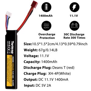 Tosiicop 11.1V Airsoft Battery 1400mAh - Lipo Batteries 30C Deans & XH-4P Connector with T Plug to Mini Tamiya Conversion Cable Rechargeable USB Charger for Airsoft Model Rifle Gel Blaster Accessories