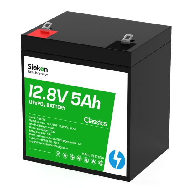 SIEKON 12V 5Ah Lithium LiFePO4 Deep Cycle Battery, 4000+Cycles Bulit-in 5A BMS for Solar/Wind Power, Marine, Fish Finder, RV, Camping, Home Alarm System, Speakers