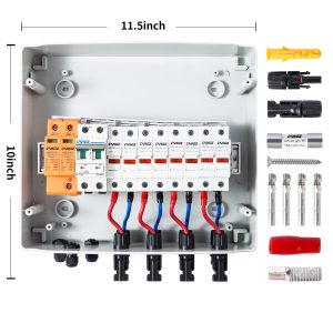 CANOZ-PV4/1 PV Combiner Box, 4 String, with 15A Rated Current Fuse, 63A Circuit Breaker, 2.8KV Surge/Lightning Protector Arrester and MC4 Solar Connectors for On/Off Grid Solar Panel System.