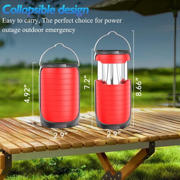 Battery Operated Camping Light Rechargeable, Manual Crank Generator/Solar Panel/USB-C Charging, 5000mAh Power Bank Foldable LED Tent Light, Power Outage, Outdoor Emergency Survival Essentials (Red)