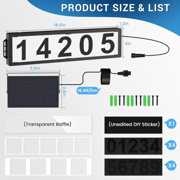 Solar Backlit Address Sign with Separate Solar Panel, IP65 Waterproof LED Lighted House Number Plaque with 3 Color Temperature, Horizontal & Vertical Mounted Sign for Visitor, 911, Mailman, Ubereats