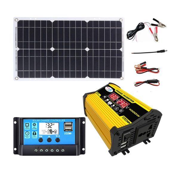 OLONETO 4000W 12V to 110V/220V Solar System Combination Inverter Solar Panel Kit Solar Generator Home Grid System 30A Controller + 18w12v Solar Panel (Color : Yellow, Size : 12V-110V)