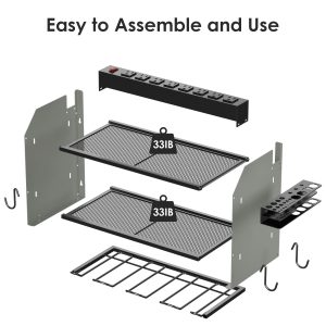 CCCEI Modular Power Tool Organizer Wall Mount with Charging Station. Garage 4 Drill Storage Shelf with Hooks, Drill Bit Heavy Duty Rack, Grey Tool Battery Holder Built in 8 Outlet Power Strip.