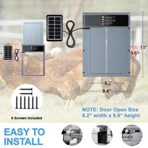 NyPots Automatic Chicken Coop Door Solar Powered, LCD Display Automatic Chicken Door with Timer & Light Sensor Mix 4Modes, Aluminum Alloy Chicken Door, Range 20M Remote Control Solar Chicken Coop Door