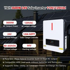 Y&H 3600W Solar Inverter 24VDC to 110V/120VAC Pure Sine Wave Hybrid Inverter With120A Mppt Solar Controller,Two AC Output, Max PV Power 4200W Input, for Lead Acid Lithium Battery or batteryless mode