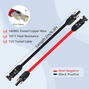 GELRHONR 14AWG Solar Panel Extension Cable,Solar Panel Female to Male Connectors Adaptor Kit for Solar Panels, Photovoltaic Systems(Red+Black) (14AWG 2M/6.5FT M to F)