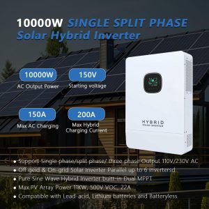 Y&H 10KW 48V Solar Inverter 120V/240V Single-Phase/Phase-Split Off-Grid Hybrid Inverter,UL1741 with 200A MPPT Controller,Supports Parallel-Capable,Pure Sine Wave Solar Inverter,Supports Batteryless