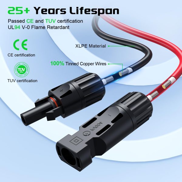 Bateria Power 30A Y-Branch Solar Connectors 20FT 12AWG Extension Cable, Solar Cable Parallel Adaptor Solar Panel Wire in Pair with Female and Male Connectors for Solar Panel (1*M/FF+1*F/MM)