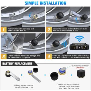 Tire Pressure Monitoring System Wireless TPMS Tire Pressure Monitor System with 4 External Sensors & 5 Alarm Modes, LCD Real-time Display, Auto Sleep Mode, Easy to Install, Solar & USB Charge