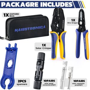 haisstronica 15PCS Solar Crimping Tool Kit, 10 Pairs MC4 Connectors AWG14-10(2.5/4/6mm²) with Stripper and Spanners for Solar Panel PV Cable Installation