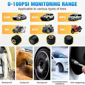 Tire Pressure Monitoring System Wireless TPMS Tire Pressure Monitor System with 4 External Sensors & 5 Alarm Modes, LCD Real-time Display, Auto Sleep Mode, Easy to Install, Solar & USB Charge