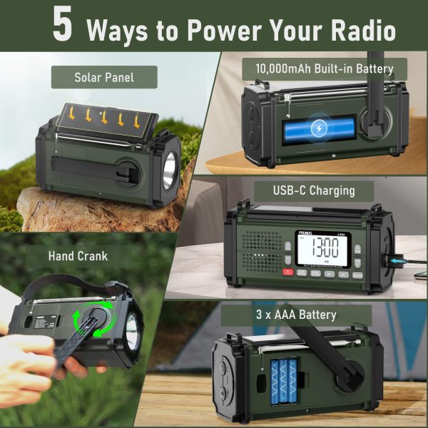 PRUNUS 924 10000mAh Hand Crank Radio, Emergency Radio Solar, NOAA Weather Radio AM/FM/SW, AAA Batteries Powered Radio, USB Charging, Torch& Reading Light, SOS Alarm, Power Bank, Compass for Camping