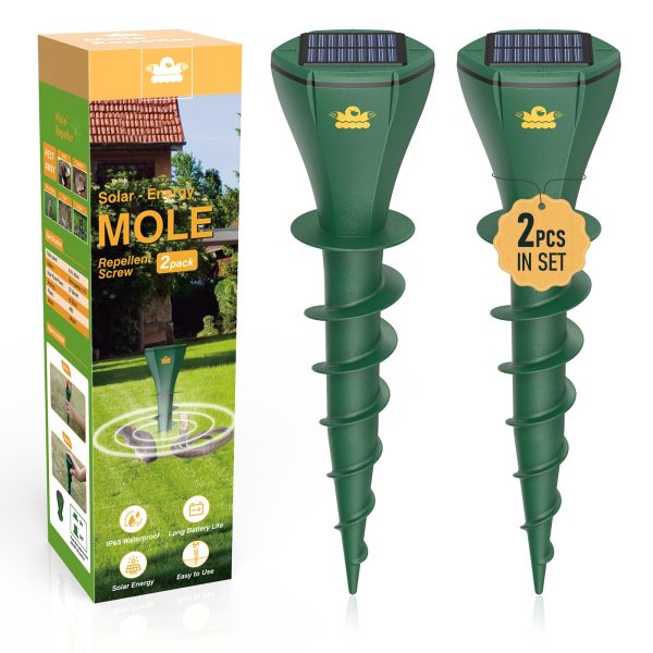 Mole Repellent for Lawns, Solar Powered | Patent Screw-Shape-Stake Design | IP65 Waterproof, Varying Sonic and Vibration to Expel Mole Gopher Snake Vole, for Lawn Garden & Yard (Lawn green-2)