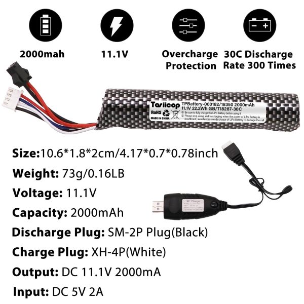 Tosiicop Airsoft Lipo Battery 11.1V - 2000mAh Airsoft Gel Water Bead Blaster Batteries for Splatter Ball with Mini Tamiya Connector to SM-2P Plug Charger Cable Rechargeable Batteries 2Pack