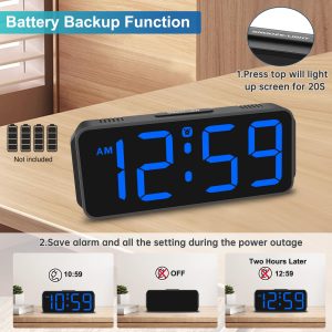 Peakeep Small Digital Alarm Clock for Bedrooms Bedside - Plug in Electric Clock Large Big Numbers Display with Battery Backup for Desk Table, 6 Dimmers, 5 Adjustable Alarm Volumes(Blue)