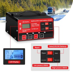 Car Battery Charger, Outerman 12V 24V Lead-Acid Battery Charger LCD Display Automatic Smart Battery Maintainer with Pulse Repair for Motorbike, Car, Boat, Lawn Mower (Red Black)