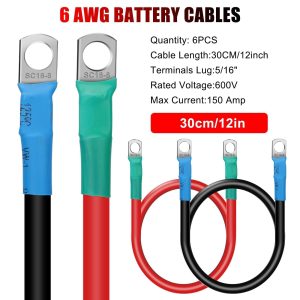 Linkstyle 6 AWG Battery Cables, 6pcs 30CM/12inch Battery Inverter Cables Set,12V 6 Gauge Marine Battery Cables with 5/16" Tinned Copper Lugs