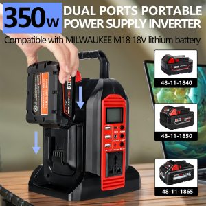 Power Inverter for Milwaukee M18 18V Battery, 350W Power Supply Inverter Outdoor Generators Converter DC 20V to AC 110V ~120V with AC Outlet &USB Port&Type-C Port& LED Light Charger Adapter