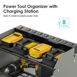 CCCEI Modular Power Tool Organizer Wall Mount with Charging Station. Garage 4 Drill Storage Shelf with Hooks, Drill Bit Heavy Duty Rack, Grey Tool Battery Holder Built in 8 Outlet Power Strip.