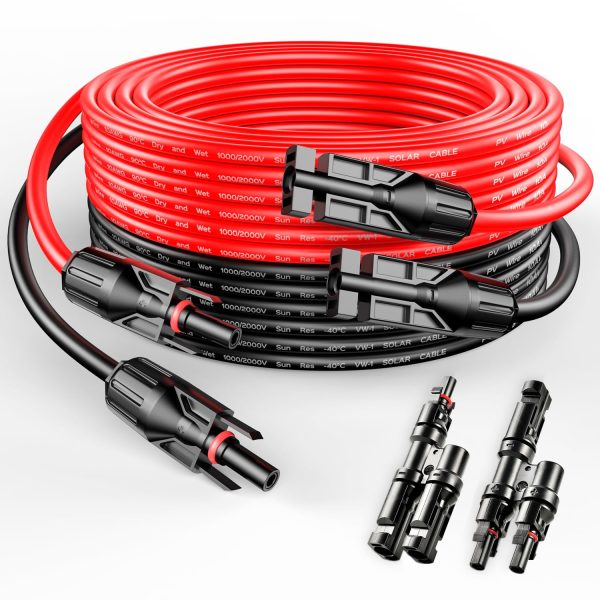 10 Gauge 10AWG One Pair 30 Feet Red + 30 Feet Black Solar Panel Extension Cable Wire with Female and Male Connectors+T Branch Connectors (30FT 10AWG+T2)