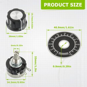 EPLZON B502 5K Ohm Carbon Film Rotary Taper Potentiometer with A03 knob and dial RV24YN20S Potentiometer Single Turn Carbon Film Rotary Taper Potentiometer Used for Inverter Speed Regulation