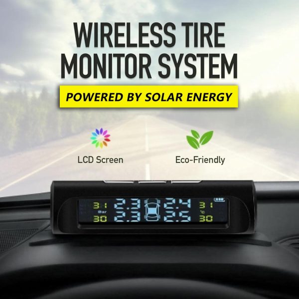 Tire Pressure Monitoring System Wireless TPMS Tire Pressure Monitor System with 4 External Sensors & 5 Alarm Modes, LCD Real-time Display, Auto Sleep Mode, Easy to Install, Solar & USB Charge