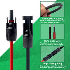 CNLonQcom Solar Panel Cable with PV Connectors, Red/Black, IP67 Waterproof, Pair (20FT 10AWG) for Efficient Solar Energy Systems