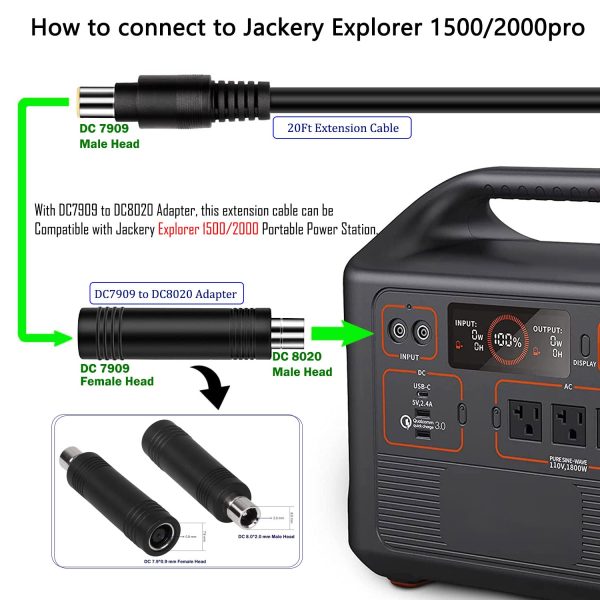 20Ft 14AWG Extension Cable,DC8mm extension cable with DC7909 to DC8020 adapter connectors, fit for most below 200W solar panel and Jackery Explorer 1000/500/300/240/1500/2000 portable power station