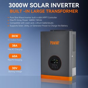 PowMr 3000W Solar Inverter 24VDC to 110VAC, 3KW Off-Grid Hybrid Inverter Built-in 60A MPPT Charge Controller, for 24V Lead-Acid and Lithium Battery(Peak Power: 9000W)