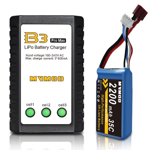 MVMOD 3S LiPo Battery with Charger Kit, 2200mAh 11.1V 35C Lipo Battery with Deans T Connector for RC Airplane RC Quadcopter Helicopter Drone FPV, with 2S-3S Battery Balancer Charger