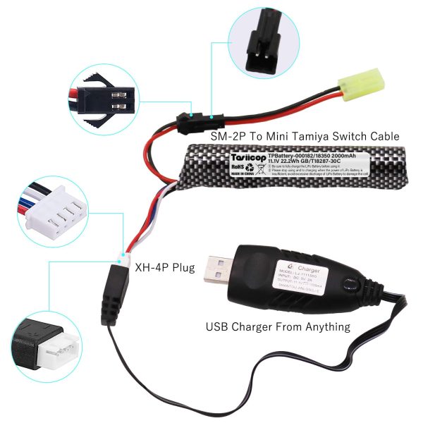 Tosiicop Airsoft Lipo Battery 11.1V - 2000mAh Airsoft Gel Water Bead Blaster Batteries for Splatter Ball with Mini Tamiya Connector to SM-2P Plug Charger Cable Rechargeable Batteries 2Pack